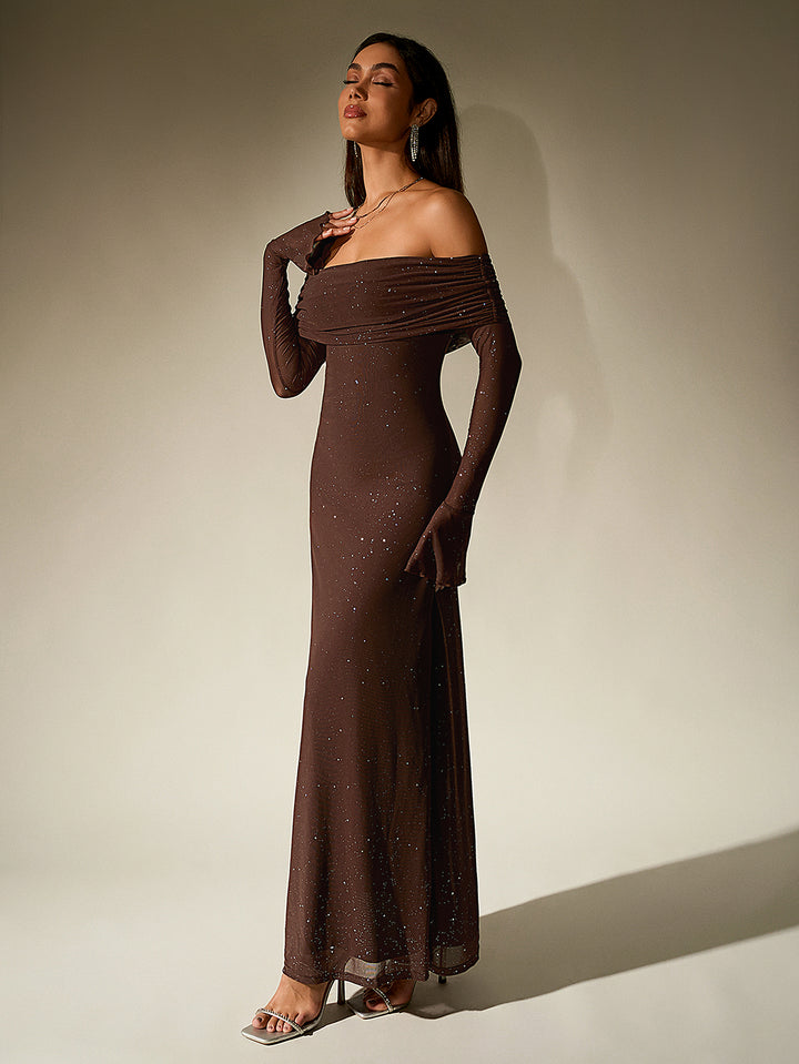 HAYLEY Elegant Mesh Sparkly Off-Shoulder Backless Long-Sleeved Bodycon Maxi Dress