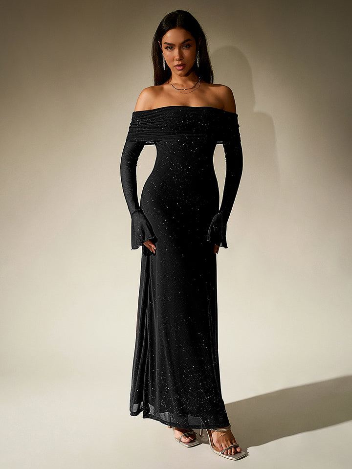 HAYLEY Elegant Mesh Sparkly Off-Shoulder Backless Long-Sleeved Bodycon Maxi Dress