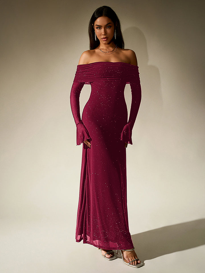 HAYLEY Elegant Mesh Sparkly Off-Shoulder Backless Long-Sleeved Bodycon Maxi Dress