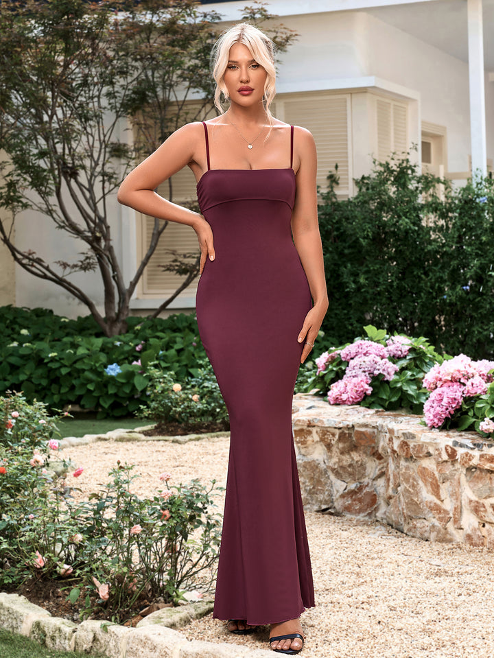 AINSEL Sexy Suspender Solid Color Fishtail Bodycon Maxi Dress