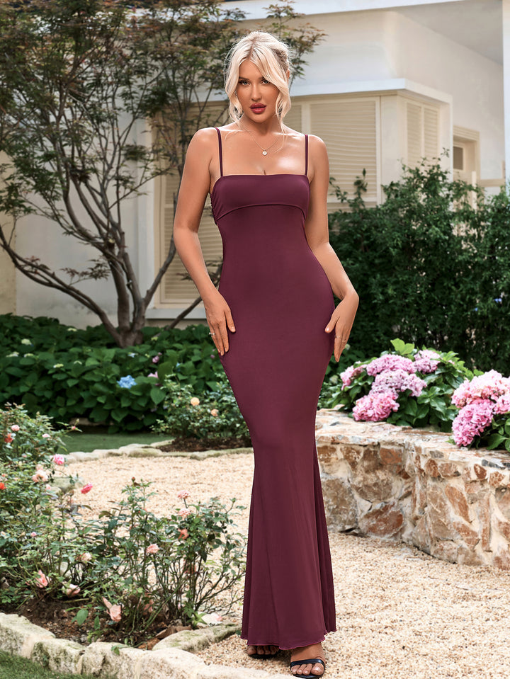 AINSEL Sexy Suspender Solid Color Fishtail Bodycon Maxi Dress