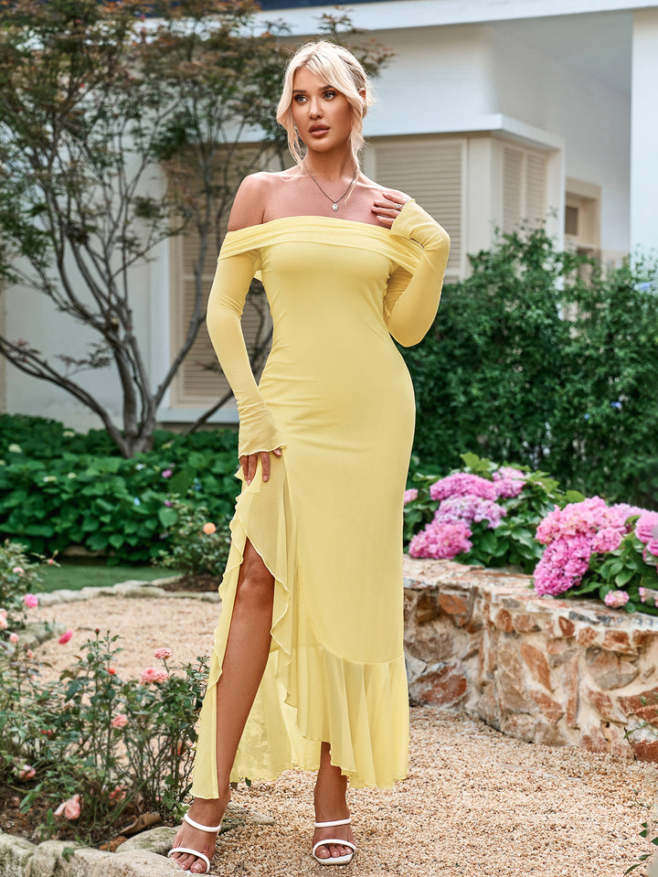 RACHELLE Solid Long-Sleeved Off-Shoulder Slit Ruched Bandeau Maxi Dress