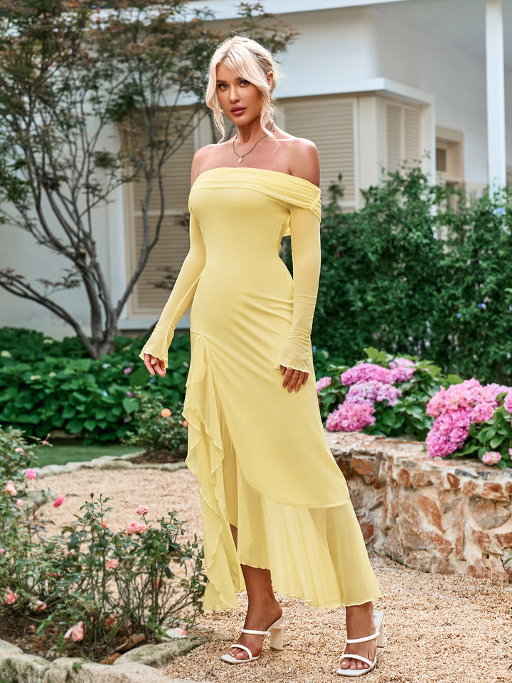 RACHELLE Solid Long-Sleeved Off-Shoulder Slit Ruched Bandeau Maxi Dress