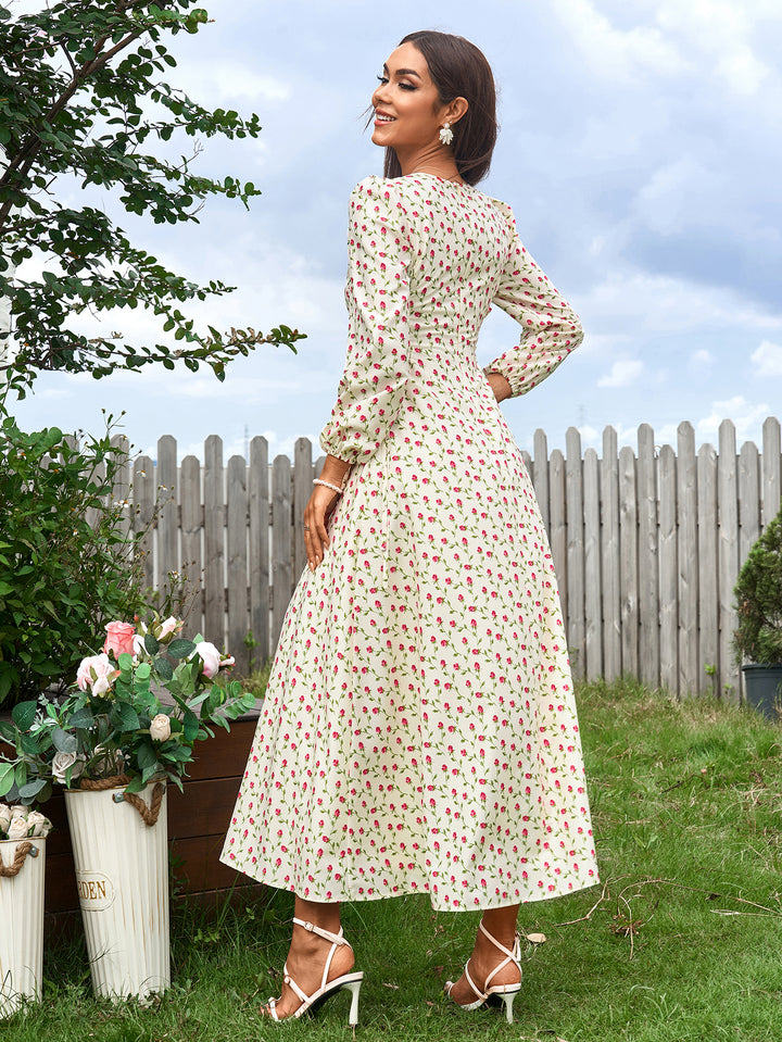 WILMA British-Style Square-Neck Long-Sleeved Ruched Floral Maxi Dress