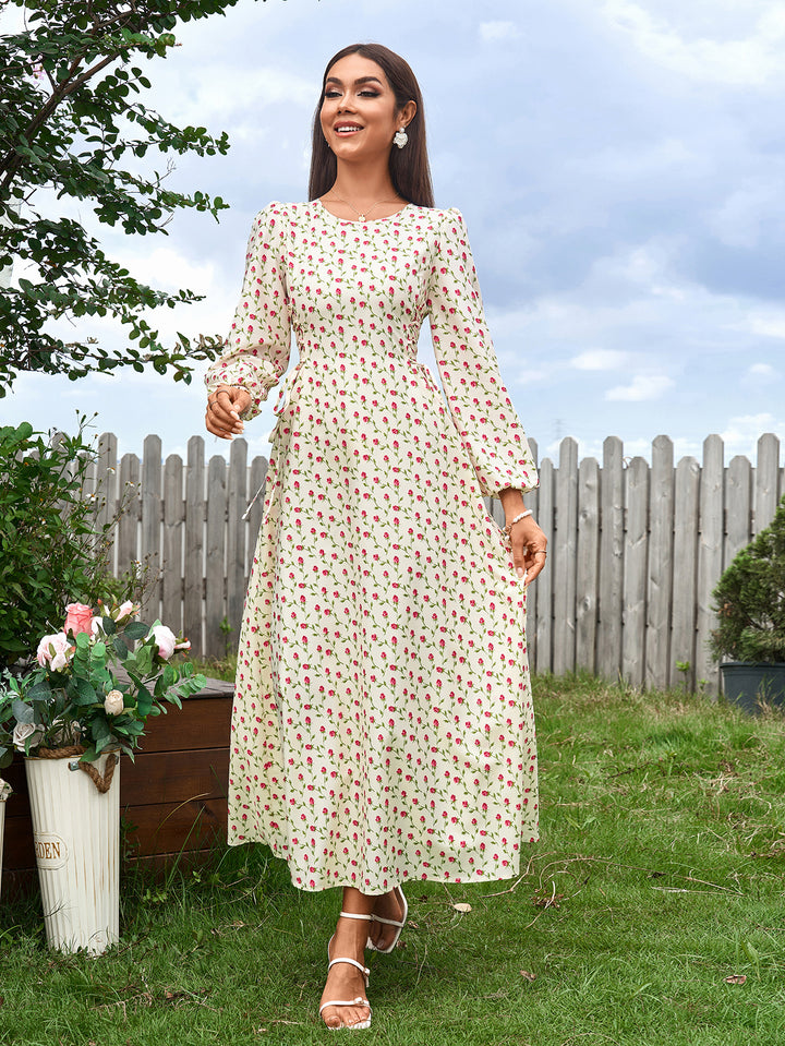 WILMA British-Style Square-Neck Long-Sleeved Ruched Floral Maxi Dress