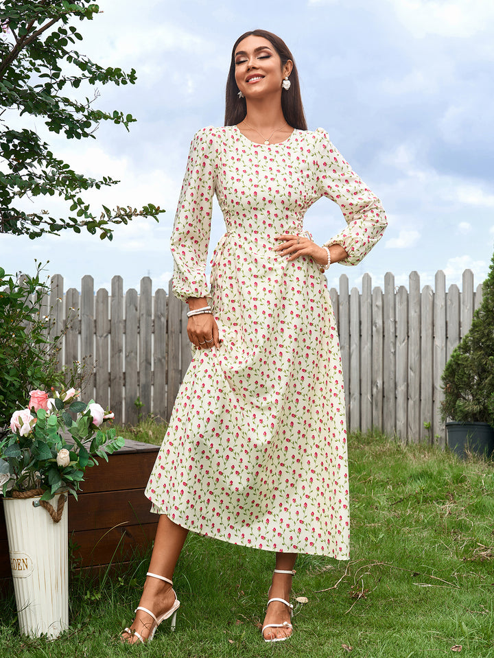 WILMA British-Style Square-Neck Long-Sleeved Ruched Floral Maxi Dress