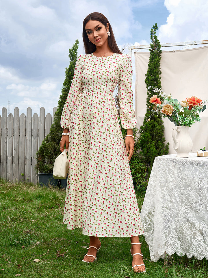 WILMA British-Style Square-Neck Long-Sleeved Ruched Floral Maxi Dress