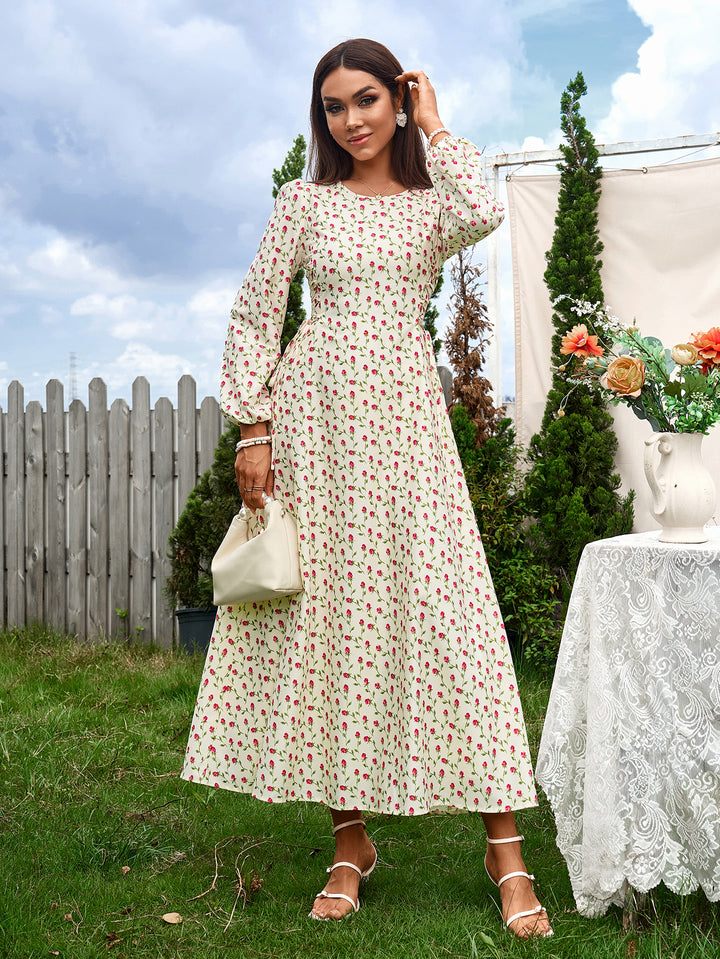 WILMA British-Style Square-Neck Long-Sleeved Ruched Floral Maxi Dress