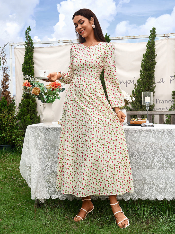 WILMA British-Style Square-Neck Long-Sleeved Ruched Floral Maxi Dress