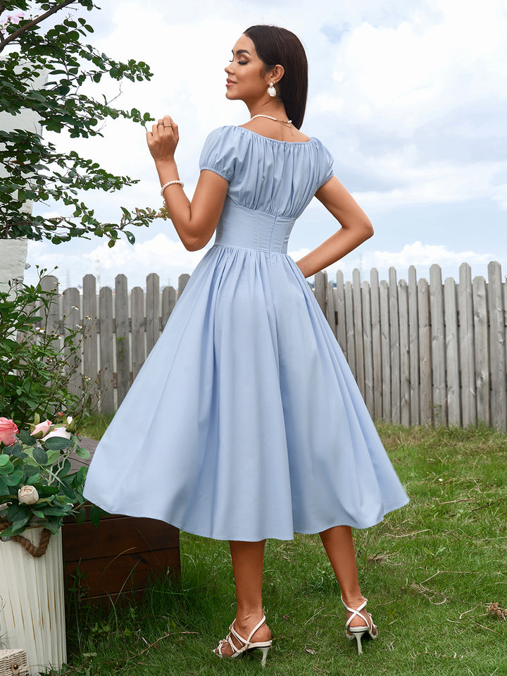 LANA Vintage-Inspired Solid Ruched Off-Shoulder Midi Dress