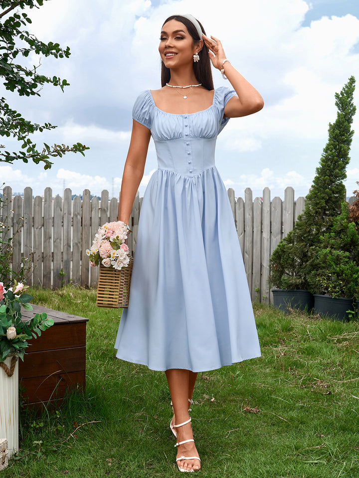 LANA Vintage-Inspired Solid Ruched Off-Shoulder Midi Dress