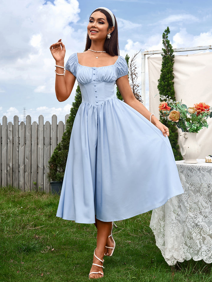 LANA Vintage-Inspired Solid Ruched Off-Shoulder Midi Dress