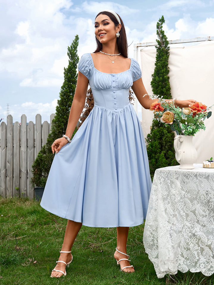 LANA Vintage-Inspired Solid Ruched Off-Shoulder Midi Dress