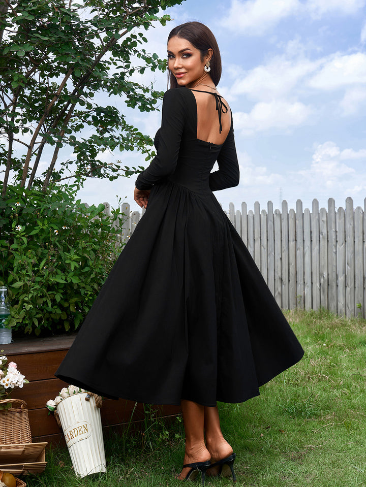 TARYN Sexy Solid Square Neck Backless Long Sleeves Ruched Midi Dress