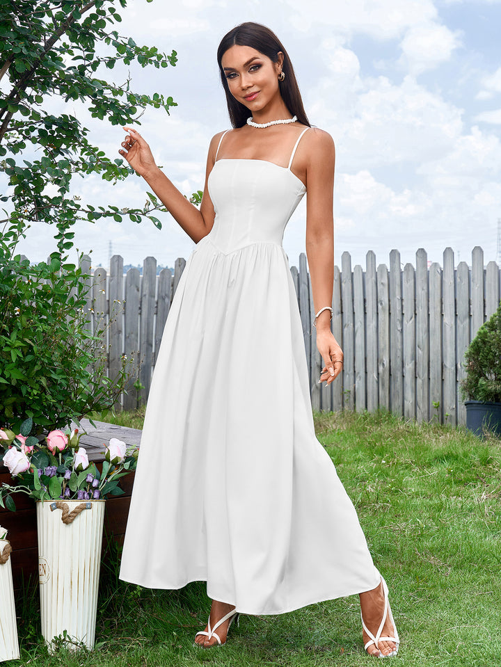 BRIELLE Solid Sleeveless Backless Waist-Cinching Ruched Slip Maxi Dress