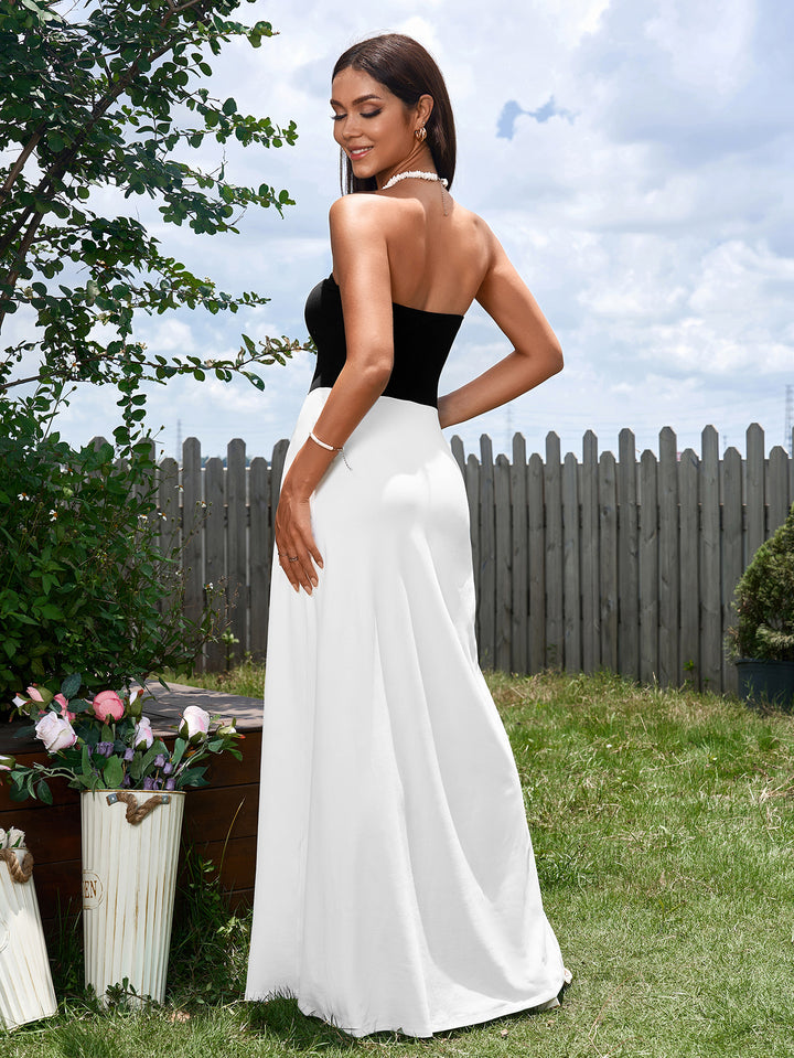 TERESA Hepburn Black and White Stitching Cinched Waist Strapless Maxi Dress