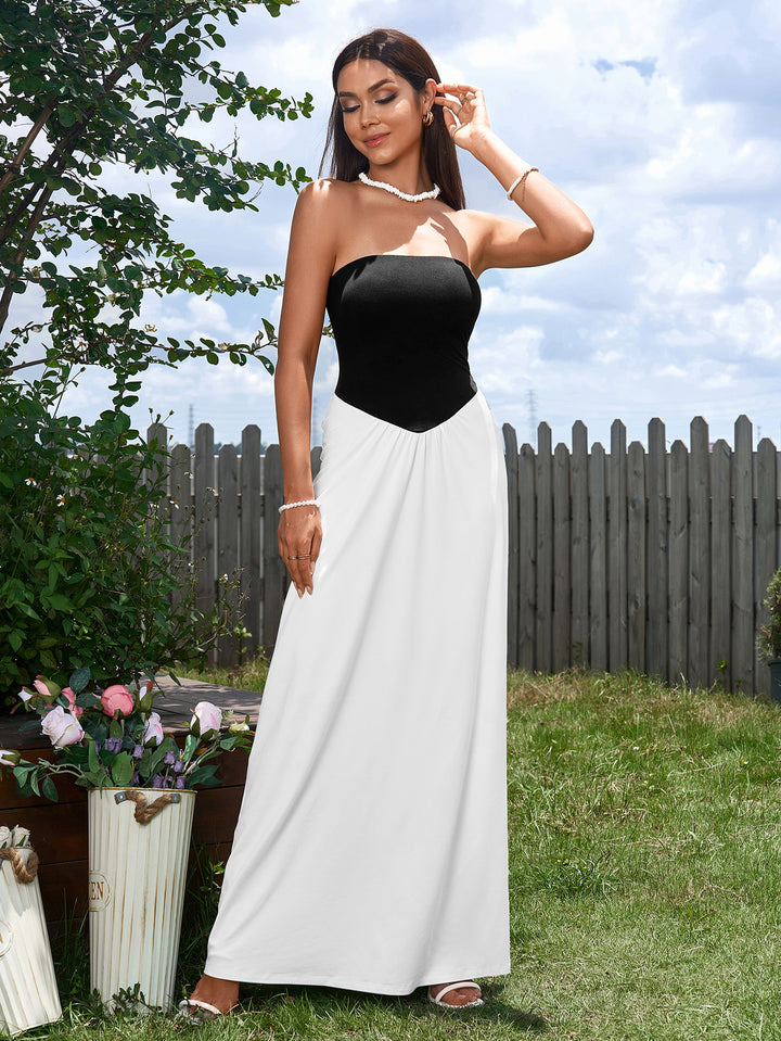 Teresa Hepburn Black and White Stitching Cinched Waist Strapless Maxi Dress, White / Xs Teresa Hepburn Black and White Stitching Cinched Waist Strapless Maxi Dress, White / Xs