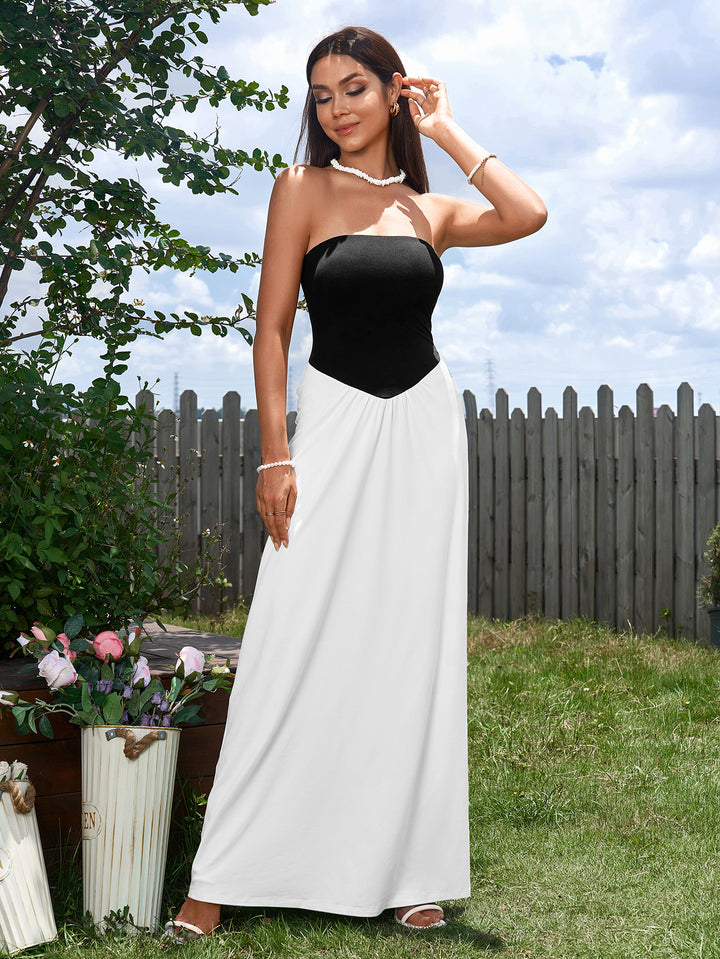 TERESA Hepburn Black and White Stitching Cinched Waist Strapless Maxi Dress