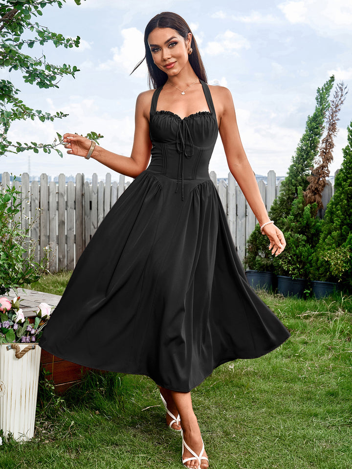 DELILAH Sexy and Fashionable Halter Neck Cinched Waist Ruched Dress