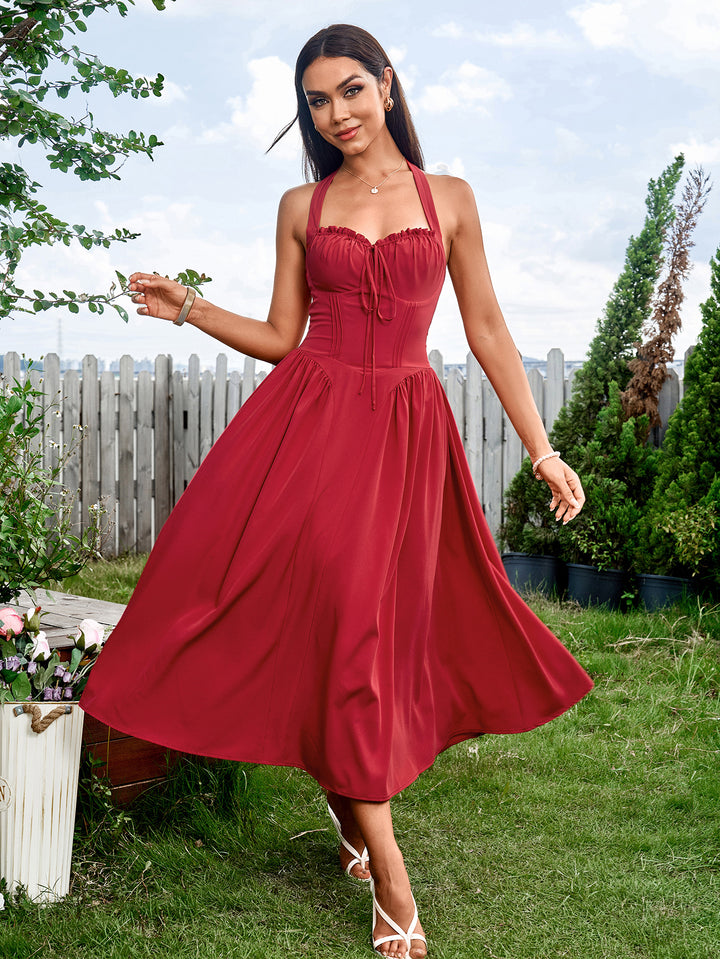 DELILAH Sexy and Fashionable Halter Neck Cinched Waist Ruched Dress