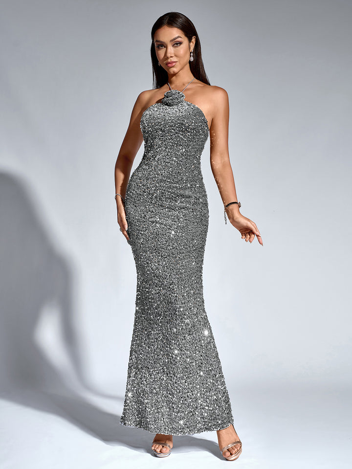 DANIELLE Temperament Backless Halter Neck Sparkly Bodycon Gown