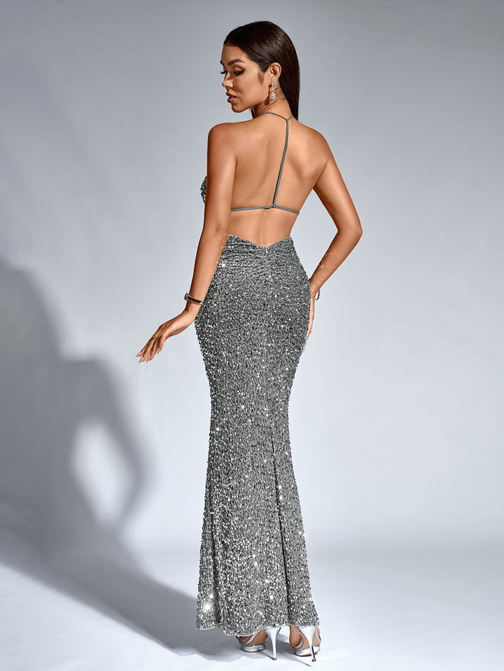 DANIELLE Temperament Backless Halter Neck Sparkly Bodycon Gown