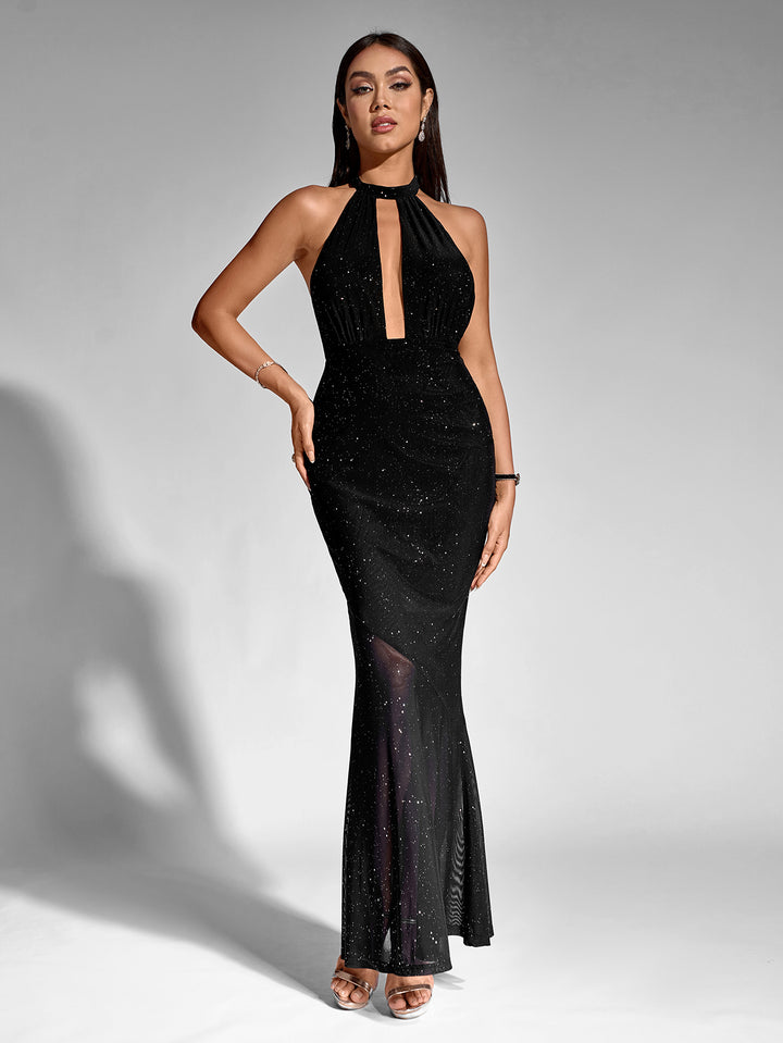 TIARA Sexy Sparkly Mesh Halter Neck Cut-Out Sleeveless Backless Bodycon Gown