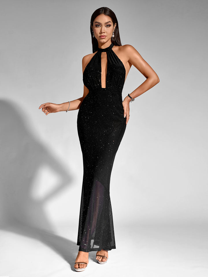 TIARA Sexy Sparkly Mesh Halter Neck Cut-Out Sleeveless Backless Bodycon Gown