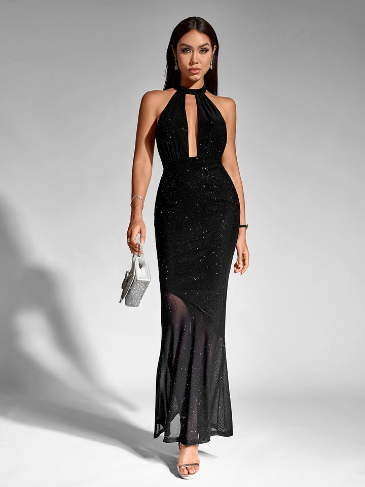 TIARA Sexy Sparkly Mesh Halter Neck Cut-Out Sleeveless Backless Bodycon Gown