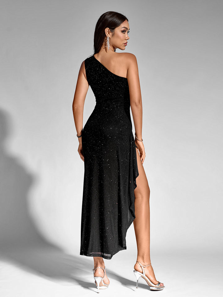 ANNALEE Sexy Sparkly One Shoulder Ruched Gown Maxi Dress