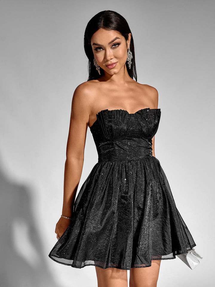 ARIANE Sexy Sparkly Ruched Solid Bandeau Mini Dress