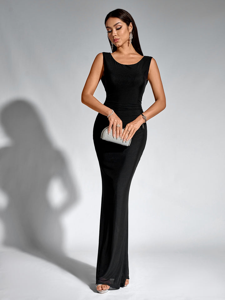 CAITLIN Sexy Mesh Solid Sleeveless Halter Neck Backless Bodycon Maxi Dress