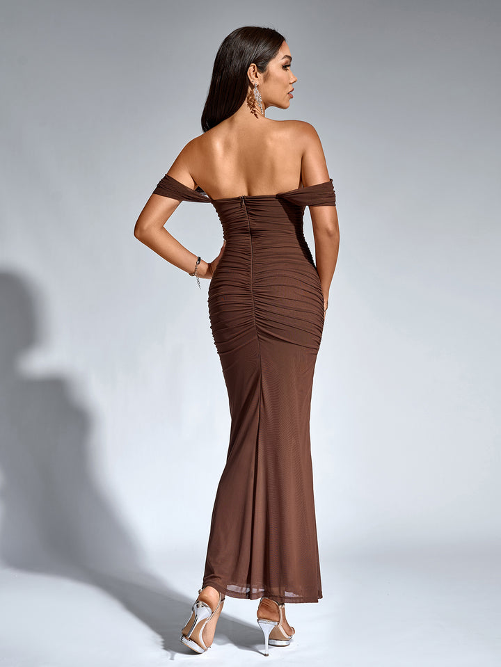 ASHTON Sexy Off-Shoulder Mesh Bandeau Bodycon Maxi Dress