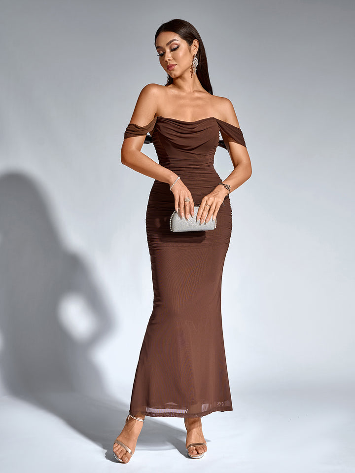 ASHTON Sexy Off-Shoulder Mesh Bandeau Bodycon Maxi Dress