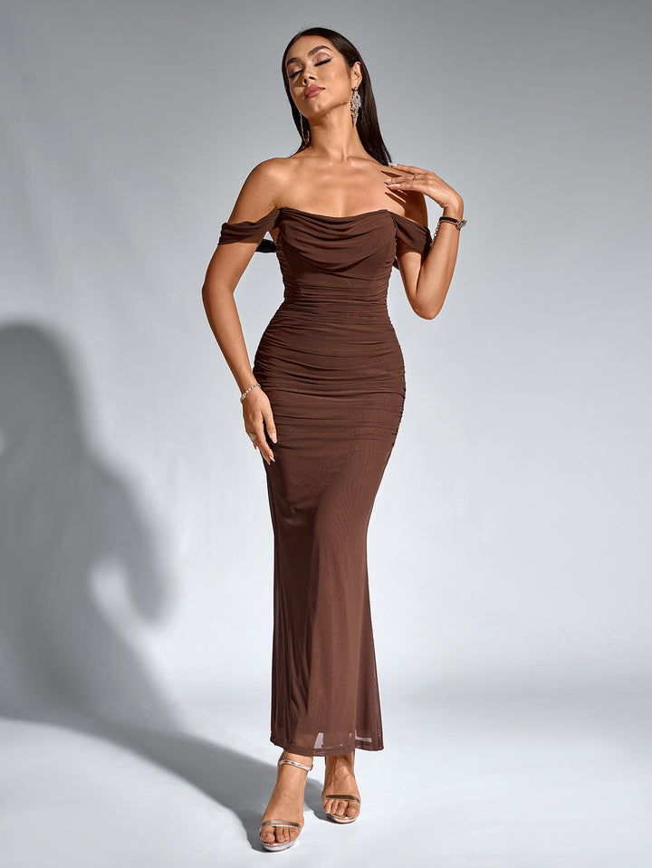 ASHTON Sexy Off-Shoulder Mesh Bandeau Bodycon Maxi Dress, Brown / XS ASHTON Sexy Off-Shoulder Mesh Bandeau Bodycon Maxi Dress, Brown / XS