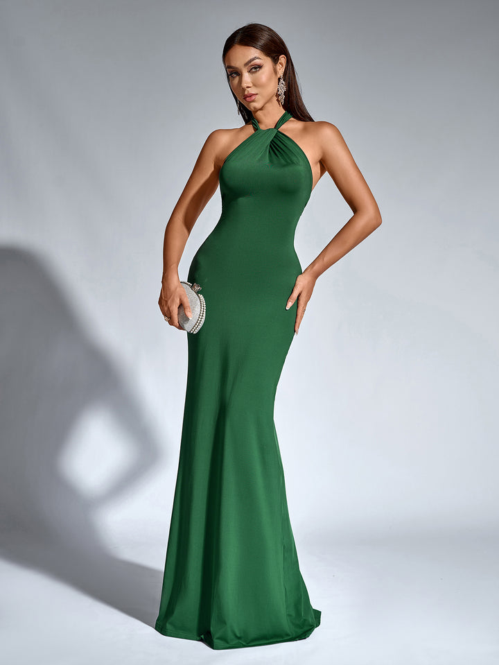 CARMEN Sexy Solid Slim Halter Neck Sleeveless Backless Strapless Ruched Gown