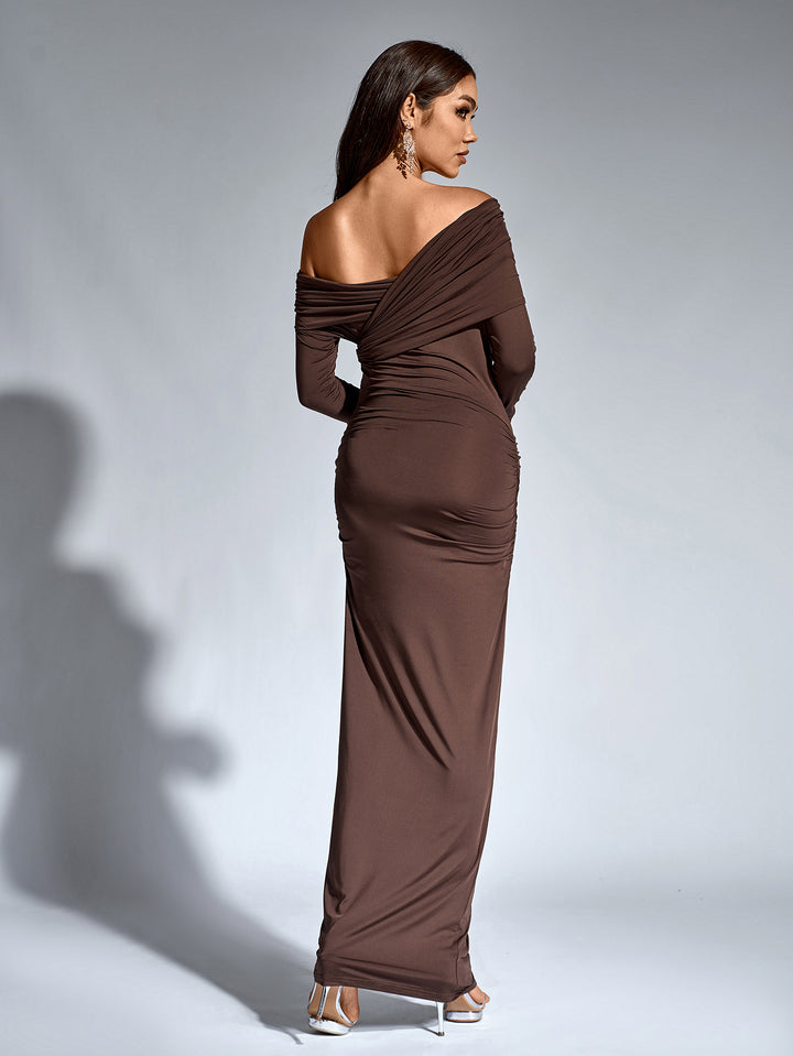 BEVERLY Sexy Solid One Shoulder Ruched Bodycon Maxi Dress