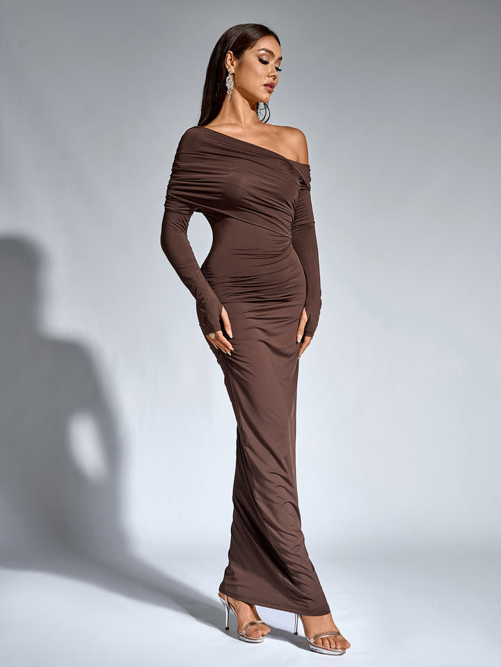 BEVERLY Sexy Solid One Shoulder Ruched Bodycon Maxi Dress