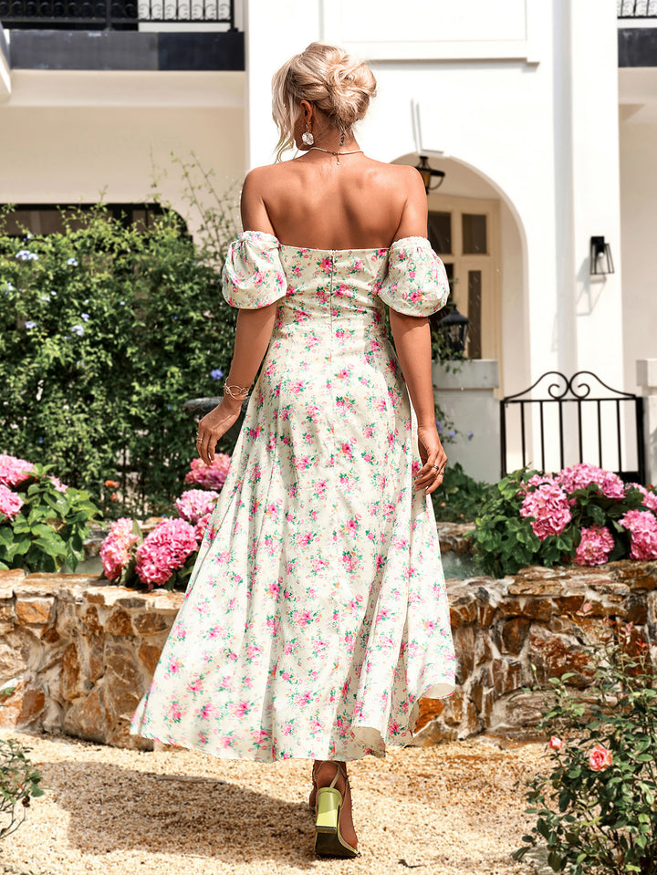 MAYA Floral Puff Sleeve Off Shoulder Flowy Slit Midi Dress