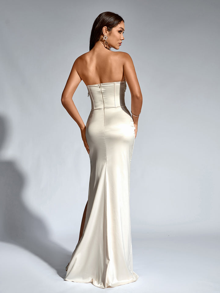 WYNTER Elegant Beaded Tassels Cinched Waist Ruched Strapless Bodycon Gown