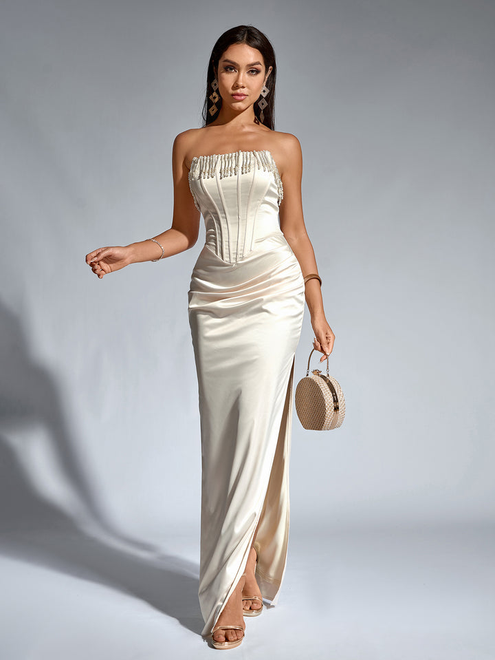 WYNTER Elegant Beaded Tassels Cinched Waist Ruched Strapless Bodycon Gown