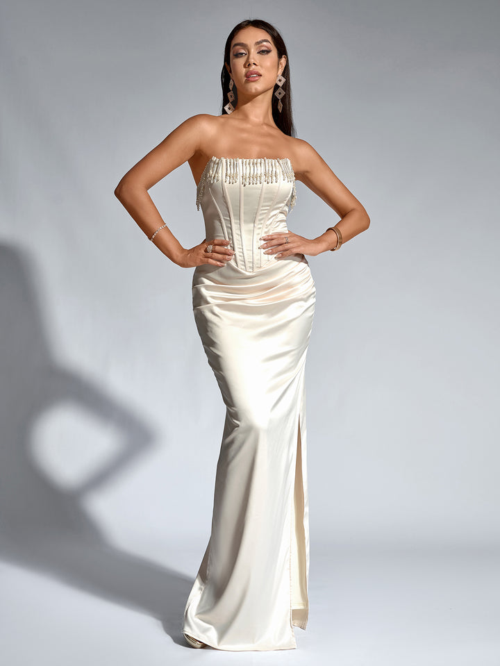 WYNTER Elegant Beaded Tassels Cinched Waist Ruched Strapless Bodycon Gown