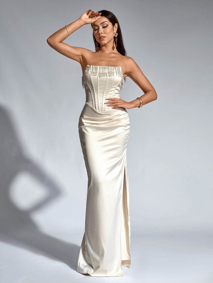 WYNTER Elegant Beaded Tassels Cinched Waist Ruched Strapless Bodycon Gown