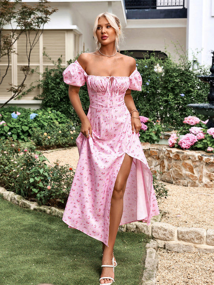 MAYA Floral Puff Sleeve Off Shoulder Flowy Slit Midi Dress