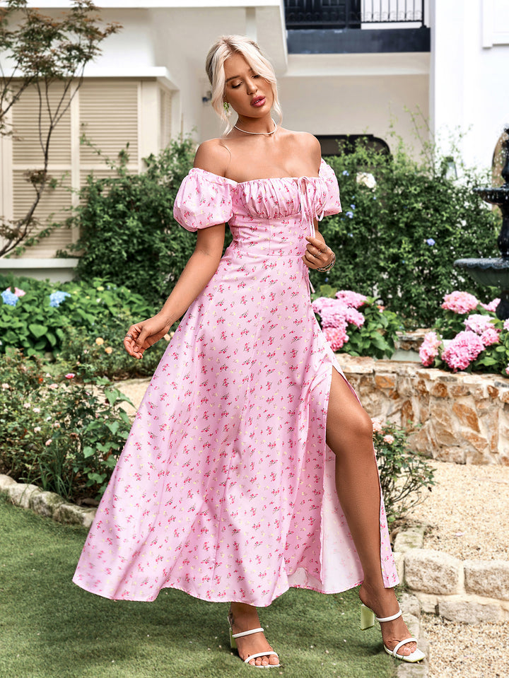 MAYA Floral Puff Sleeve Off Shoulder Flowy Slit Midi Dress