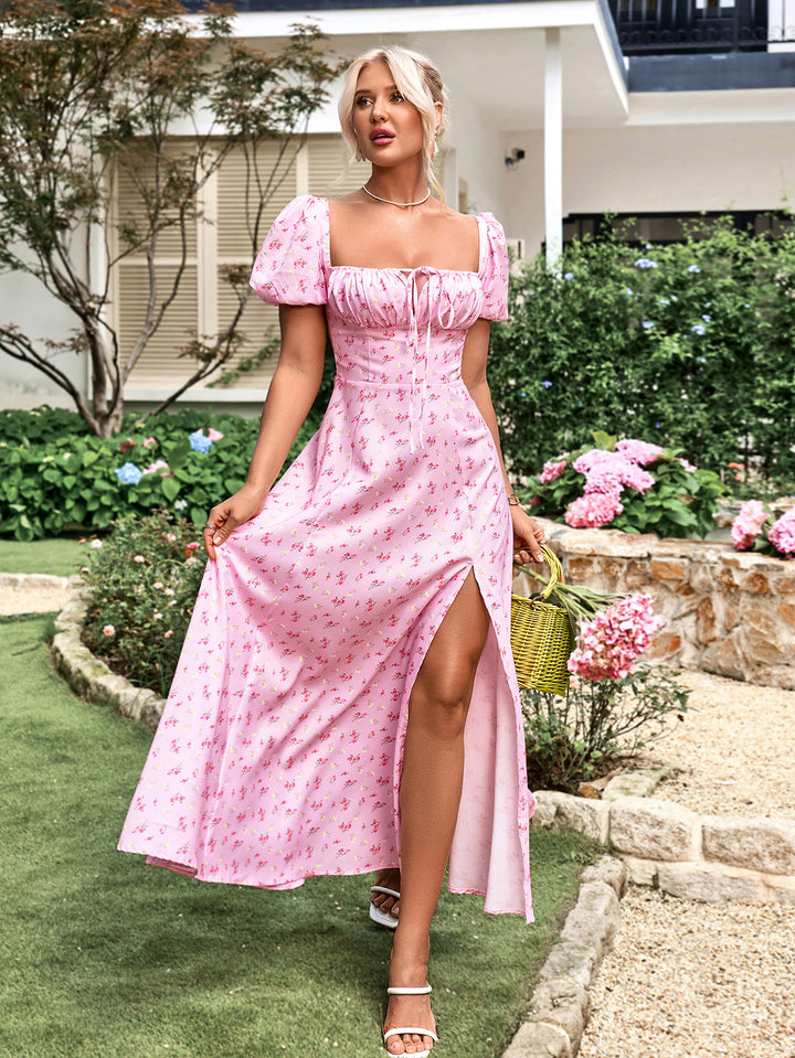 MAYA Floral Puff Sleeve Off Shoulder Flowy Slit Midi Dress