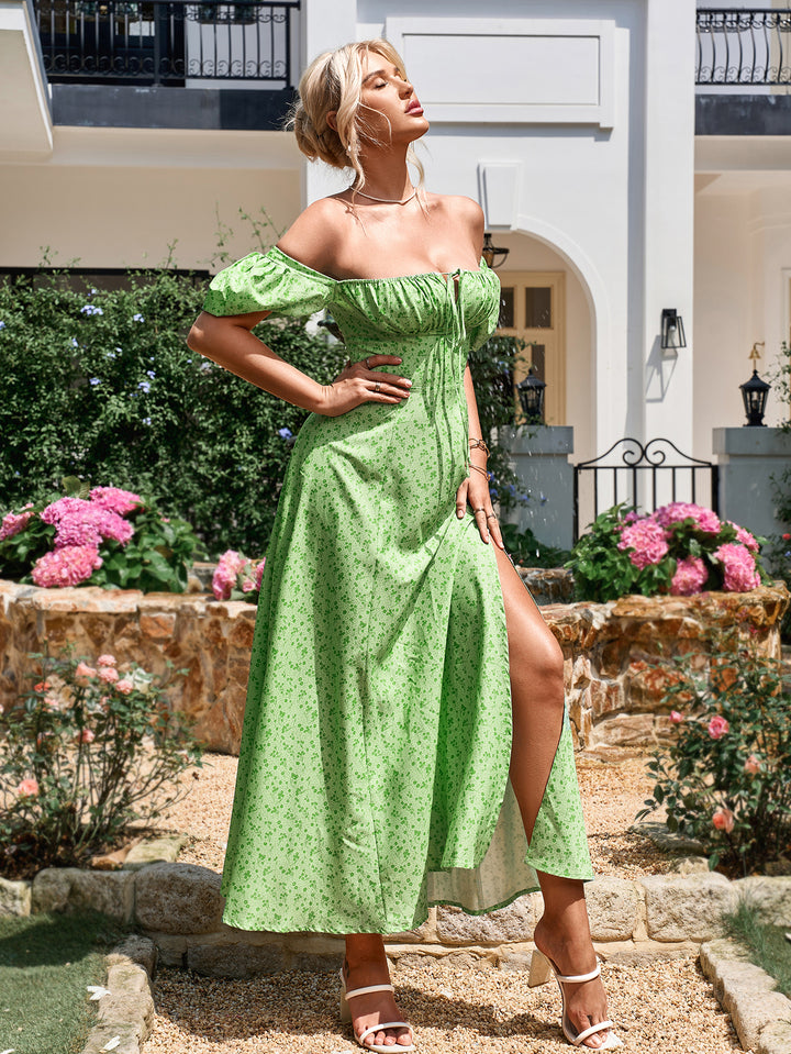 MAYA Floral Puff Sleeve Off Shoulder Flowy Slit Midi Dress