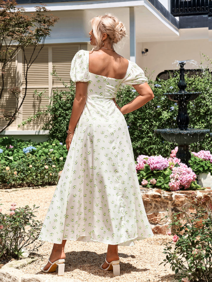 MAYA Floral Puff Sleeve Off Shoulder Flowy Slit Midi Dress