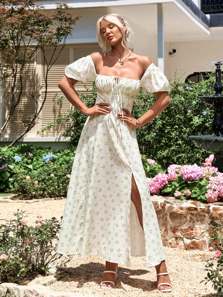 MAYA Floral Puff Sleeve Off Shoulder Flowy Slit Midi Dress