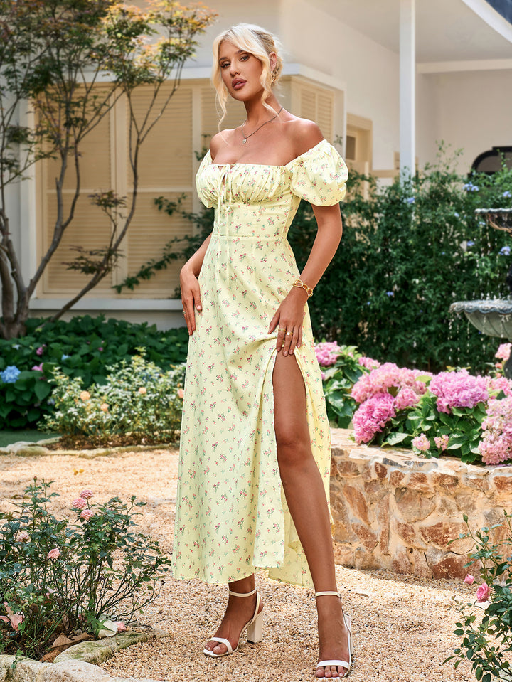 MAYA Floral Puff Sleeve Off Shoulder Flowy Slit Midi Dress, Yellow / XS MAYA Floral Puff Sleeve Off Shoulder Flowy Slit Midi Dress, Yellow / XS